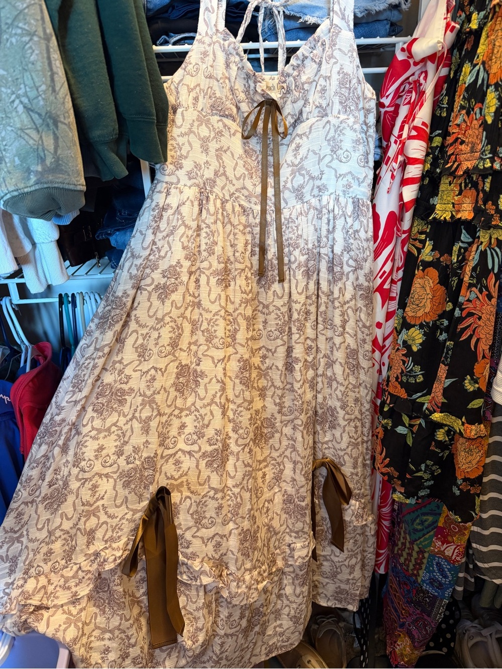 Peach Love California Cream Floral Tie-Detail Maxi Dress